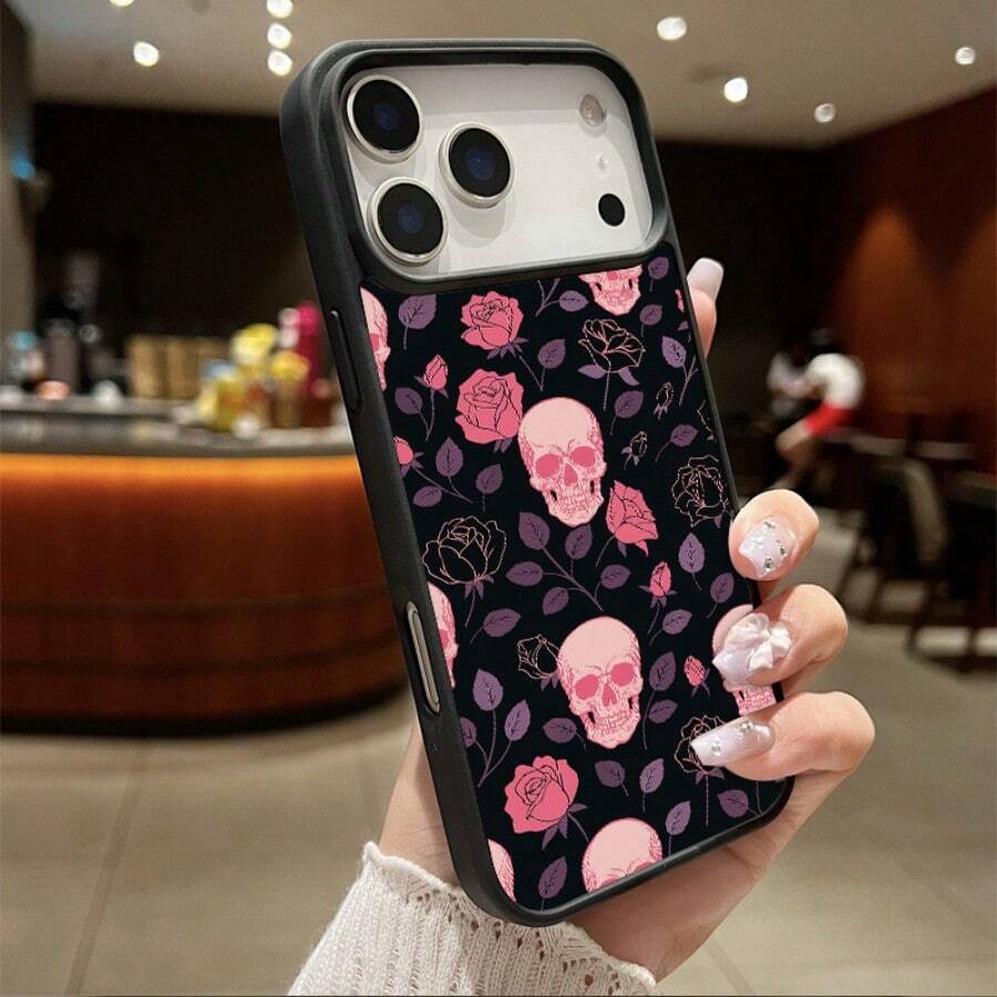 High-Quality Macaron Acrylic Magnetic Phone Case,Gothic Rose Skull Art Case Magnetic Charging Phonecase Handy Case, Handy Cover For  11 12 13 14 15 16 17 17 Air 17 Pro 17 Pro Max Shock Resistant Protective Case - Negro - Ver 1