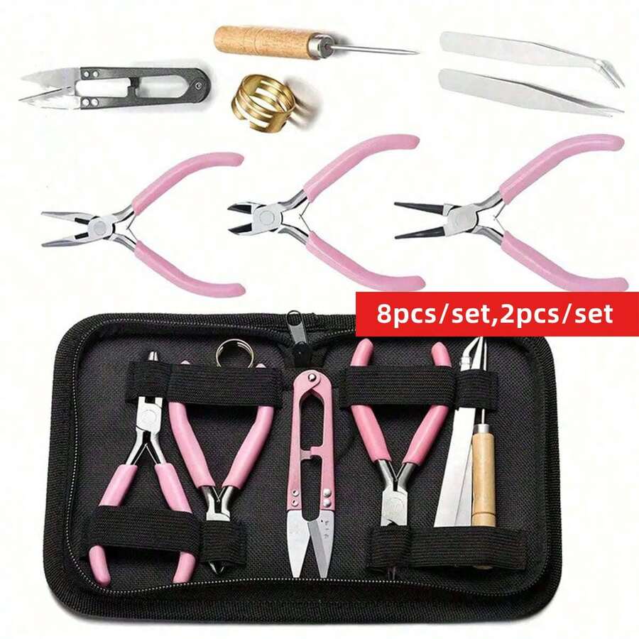 Yiwu Qiyou Accessories Co., LTD 8件套/2件套情人节粉色高级珠宝制作工具套装，包含圆嘴钳、尖嘴钳和剪线钳，无锯齿钳，适合初学者和爱好者。 - 粉紅色鉗子零件黑包 - 查看 1