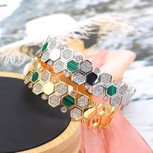 falinne 1pc S925 Sterling Silver Hexagon Honeycomb Adjustable Bangle Bracelet, Elegant Women's Jewelry Gift For Wedding, Engagement, Girlfriend Birthday