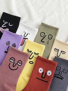 5/10 Pairs Women's Crew Socks, Funny Expression Graphic, Solid Color, Versatile, Sports Socks Suitable For Various Occasions - Multicolor - View 3