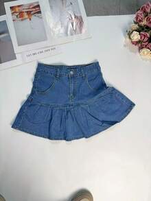 Music Festival Summer Casual Y2K Style Pleated Denim Mini Skirt - Medium Blue - View 6