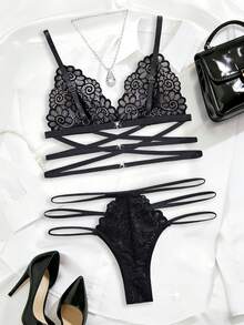 2-Piece New Arrival Women's Sexy Lingerie Set Adjustable Straps, Triple-Row Hook-And-Eye Closure, Triangle Cup Bra & Sexy Thong Pure White Erotic Lace Strap Comfortable Homewear Underwear Set - Black - View 3