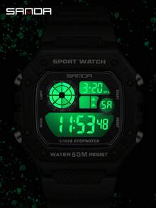 SANDA 2202 时尚男士电子手表 运动多功能防水 LED 发光单屏小方电子手表 - 黑與白 - 查看 5