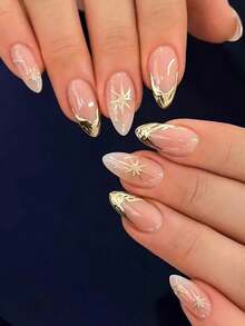 24 Stück handgefertigte mandelförmige 3D-Gel-Nagelkunst, goldener Sternenhimmel-Nageldesign, goldene French Stiletto Klebenägel, perfekt passendes Acryl-Nagelset, enthält: 1 Stück Jelly Gel und 1 Stück Nagelfeile - Gold - Übersicht 9