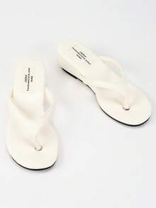 女士法式圆头坡跟人字拖，米色，休闲沙滩度假风，大码，适合搭配连衣裙和裤装，夏季 - 米色 - 查看 5