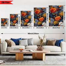 Enmarcado [2D Plano] 1 Pieza 2D Plano Patrón Floral y de Hojas en Naranja, Azul Marino, Amarillo y Gris| Decoraciones de regalo para el Día de Acción de Gracias y otras festividades, muy adecuadas para el hogar, habitación, sala de estar, dormitorio, decoración de baño, arte en lienzo con marco de madera, disponibles enúltiples tamaños, se pueden colgar directamente sin instalación. - Multicolor - Ver 8