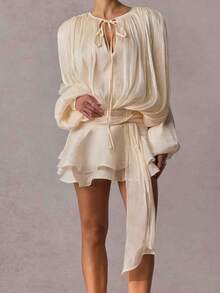 Women's Elegant Satin Silk Ruffle Flowy Mini Dress Y2k Long Lantern Sleeve Tie-Up Front Pleated Dress High Waist Spliced Short Dress Club Cocktail Party Outfits Streetwear - 杏色 - 查看 8