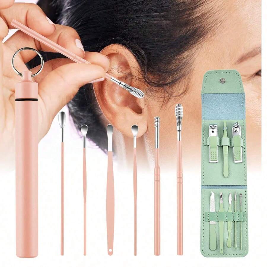6 Pcs Ear Wax Removal Tool Set With Storage Tube, + 8 Pcs Nail Clipper Set - 粉紅色+綠色 - 查看 1