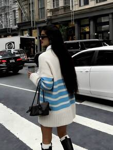 Suéter feminino casual oversized de manga comprida com gola redonda e listras azuis, ideal para uso diário, passeios e deslocamentos, perfeito para o outono/inverno. - Azul celeste - Ver 4