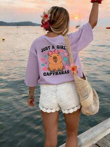 少女休闲紫色印花圆领短袖T恤，夏季上衣 - 紫色 - 查看 8