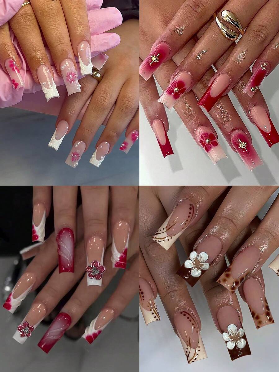 96片（4种不同款式）长方形3D凝胶美甲贴纸，可打造珍珠花朵美甲，白色法式贴片，亚克力材质，完美贴合假指甲。套装包含：1瓶果冻凝胶和1把指甲锉。夏季美甲，让您的指尖闪耀动人，适合女性日常工作和派对场合。 - 彩色 - 查看 1