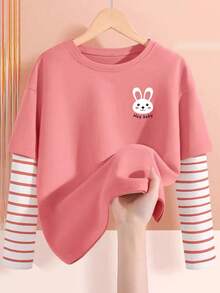 3 قطع تيشيرتات كم طويل كيوت للفتيات الصغيرات، تيشيرتات أنيقة للأطفال، تيشيرتات بتصميم متباين اللون مخطط 2 في 1 - متعدد الألوان - مشاهدة 3