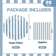 50PCS Sage Green Striped Paper Plates And Napkins Party Supplies, Green And White Scalloped Party Plates And Napkins Tableware Set For Birthday Bridal &Amp; Baby Shower Wedding Party Dration - Blue - 查看 2
