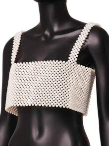 1件夏季新款简约时尚女式手工串珠背心仿珍珠女童上衣身体链，适合时尚外穿，女士礼物 - 純白 - 查看 3