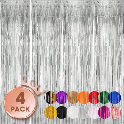 4件套金属箔帘幕背景，银色金属流苏帘，适用于生日、婚礼、订婚、婴儿房装饰、迎婴派对、单身派对、圣诞节、节日派对装饰、母亲节、毕业典礼、生日、单身派对、告别单身派对、派对装饰