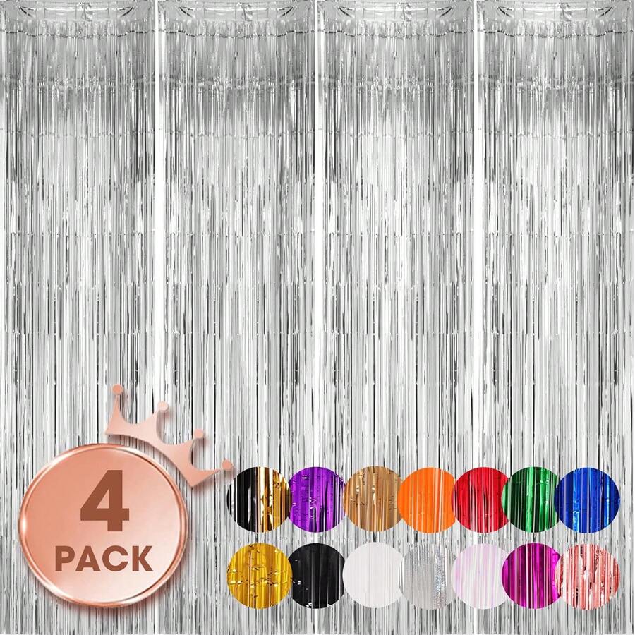 4pcs/Set Metallic Foil Curtain Backdrop, Silver Metallic Fringe Curtain, Suitable For Birthday, Wedding, Engagement, Nursery Decor, Baby Shower, Bachelorette Party, Christmas, Holiday Party Decor, Mother's Day, Graduation, Birthday, Bachelorette Party, Bachelor Party, Party Decor - Silver - View 1