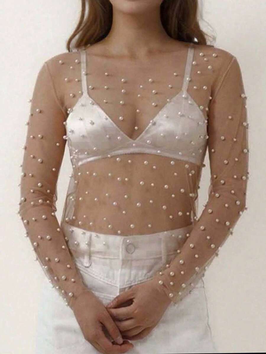 Women's Elegant Sheer Mesh Fabric Crop Top With Faux Pearl Detail And Long Sleeves For Going Out - 米色 - 查看 1