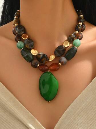 1pc Fashionable & Elegant Bohemian Green & Brown Resin DIY Handmade Beaded Necklace With Faux Jade Floral Pattern Resin Large Pendant, Can Be Purchased Individually Or Stacked As A Set, Suitable For Women To Wear As Jewelry, Ideal For Seasons, Beach, Vacation, Party. The Resin Blocks Have Unique Floral Patterns, And The Injection Molding Marks Are Normal.