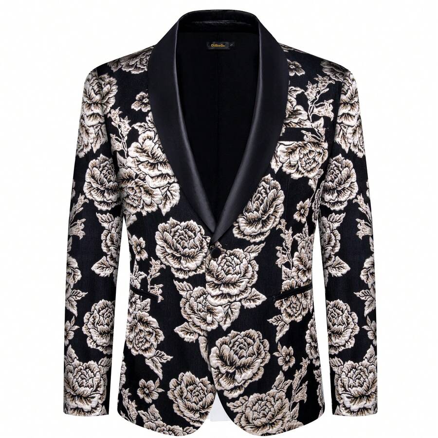 1pcs Mens Blazer Suit Black Floral Vintage Fashion Jacket Button Coats Regular Fit Wedding Formal Casual Party Banquet Business-Without Bowtie Set - 黑色 - 查看 1