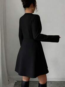 Stylish Women's Long Asymmetrical Flared Coat With Woven Fabric And Unique Toggle Closure Details - Black - View 2