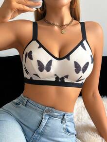 1pc Women's Butterfly Print Comfortable Wireless Bra - White - View 5