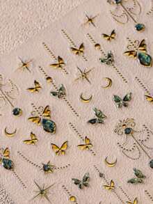 1 buc fluture verde fermecător cu folie aurie insecte fluturânde, stele și lună autocolante 5D pentru unghii mistice grădină cerească autoadezive artă pentru manichiură inspirată din natură pentru femei decorare