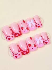 24片装短方形情人节红色心形草莓图案美甲贴片，亚克力假指甲，适合日常佩戴的美甲用品 - 彩色 - 查看 3