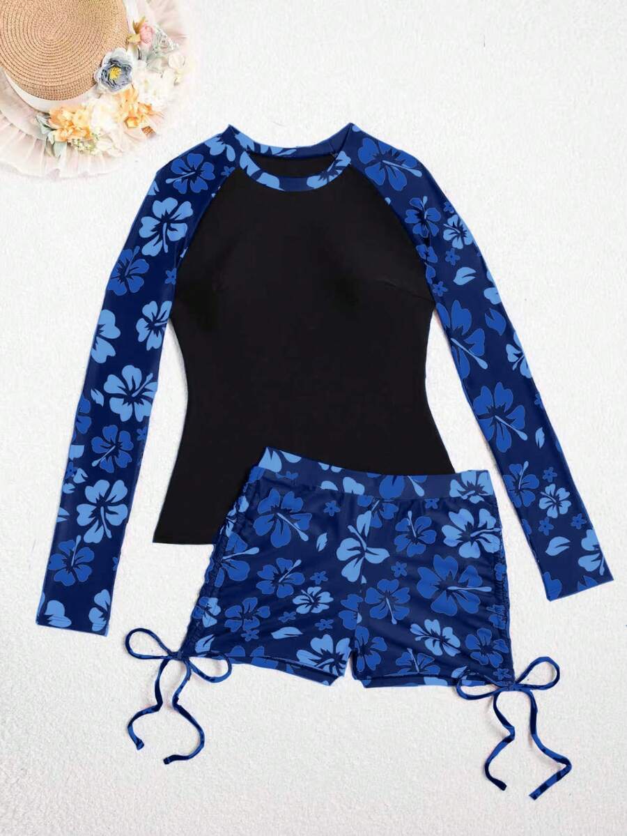 2pcs/Set New Arrival Bestselling Long Sleeve Rash Guard & Swim Trunks - Multicolor - View 1