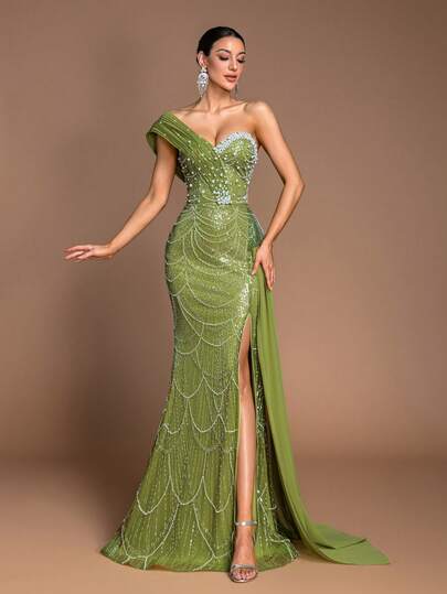 Vestido de fiesta formal de lujo para mujer con abertura alta, escote sin tirantes y perlas, para bodas y eventos