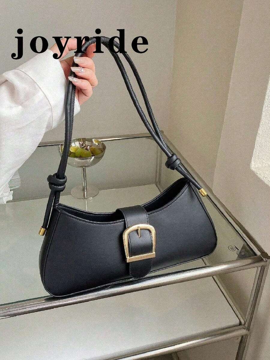 Versatile Minimalist PU Plain Buckle Shoulder Bag, Simple And Fashionable - Black - View 1