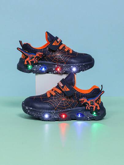 Fashion Spider & Dinosaur LED Luminous Breathable Mesh Sports Shoes, Suitable For Boys And Girls - Casual, Shock-Absorbing, All-Season Non-Slip Outdoor Running And Walking Shoes