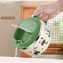 1个304不锈钢卡通图案方便面碗，带折叠勺、滤网、盖子，可作汤碗、饭碗或午餐盒