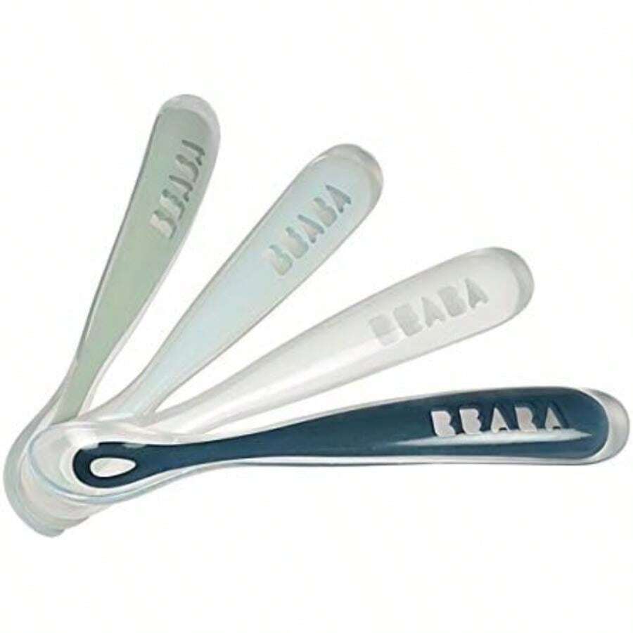 BEABA Juego de cucharas de alimentación para bebés de primera etapa, las cucharas de silicona de punta suave originales para bebés, sin ftalato de plomo y sin plástico, gran juego de regalo (paquete de 4), lluvia(default) - Multicolor - Ver 1