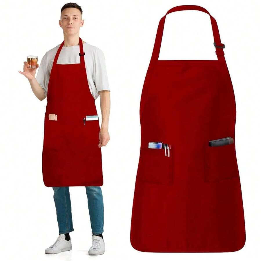 Adjustable Cotton Chef Aprons With 2 Pockets And Complimentary Bandana, Kitchen Apron For Women And Men,1Pack-Red - 1 Gói-Đỏ - Xem 1