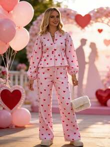 Womens 2 Piece Outfits Heart Print Peplum Tops  Pants Sets Puff Long Sleeve Blouse Y2K Lounge Sets - 粉色 - 查看 4