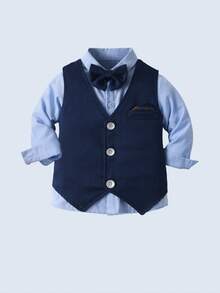 BOARNSEORL Bộ vest 3 món cho bé trai: Áo sơ mi xanh có nơ, áo vest xanh navy và quần dài, thời trang &, thích hợp cho tiệc sinh nhật, đám cưới, cậu bé hầu bàn, dịp lễ trang trọng - Màu xanh hải quân - Xem 2