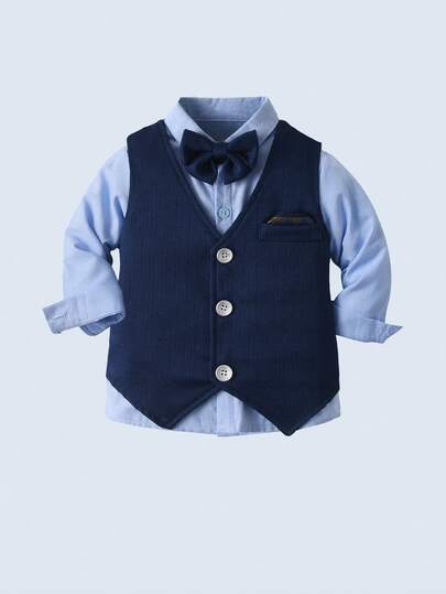 BOARNSEORL 3pcs Young Boys Gentleman Suit Set: Blue Shirt With Bowknot, Navy Vest And Trousers, Fashion & , Suitable For Birthday Party, Wedding, Pageboy, Holiday Formal Occasion