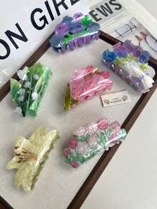 1件套亚克力花朵发夹 - 郁金香、百合、玫瑰发饰，创意独特绿叶发夹，可爱银杏叶发圈装饰，优雅发爪，女士发爪，休闲发夹，优雅发爪夹 - 彩色 - 查看 3