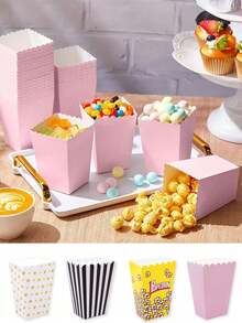 3pcs Striped Paper Popcorn Boxes, Blue, Pink, White - Suitable For Party Favors, Valentine's Day Party, Home Decor, Home Gifts - Multicolor - View 2