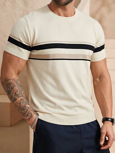 Men's Striped Crew Neck Short Sleeve Casual Knit Top