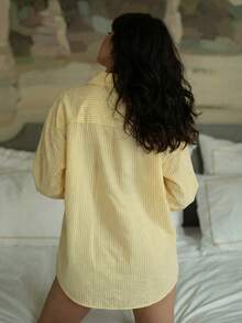 Áo sơ mi nữ tay dài cổ bẻ, chất liệu polyester, cài cúc phía trước, màu vàng sọc, thích hợp mặc hàng ngày. - Màu vàng - Xem 8