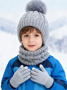 儿童帽子、手套和围巾三件套，带保暖内衬护耳针织帽，冬季保暖配饰，男女童皆宜 - 護耳帽三件套 - 查看 5