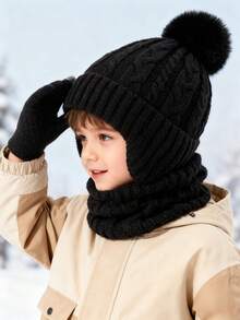 儿童帽子、手套和围巾三件套，带保暖内衬护耳针织帽，冬季保暖配饰，男女童皆宜 - 護耳帽三件套 - 查看 8