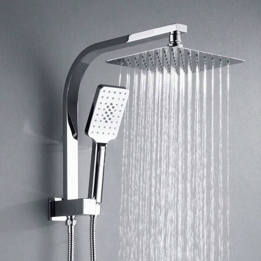 Twin Shower Head Rail Set Square Gooseneck Shower Arm 8" Rain Shower Head 3-Mode Handheld Brass 2 In 1 Diverter Chrome - Chrome - View 1