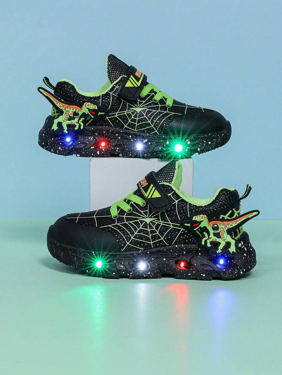时尚蜘蛛恐龙图案LED发光透气网面运动鞋，男女童皆宜 - 休闲、减震、四季皆宜防滑户外跑步和步行鞋 - 黑色 - 查看 1