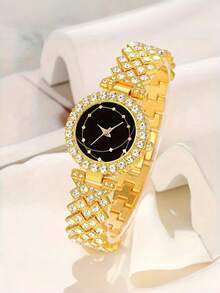 Set de 6 piezas: Reloj de pulsera de mujer con esfera de tierra y diamantes completos, estilo inglés, talla grande juego de joyería: collar de cristal, pulsera, aretes, anillo (sin caja) - Dorado - Ver 3
