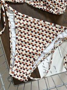 Women's Knitted Bikini Set, Orange Brown White Yellow Plaid Print, Halter Neck Tie, Side Tie Back - Multicolor - View 4