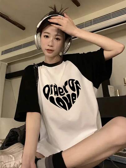 女士插肩袖撞色圆领休闲日文字母爱心印花短袖T恤，春夏款