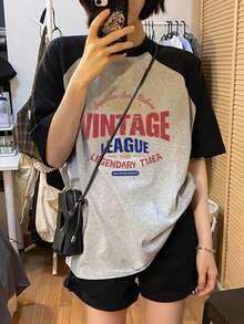 女士插肩撞色圆领休闲日文字母卡通印花短袖T恤，春夏款 - 深花灰 - 查看 2