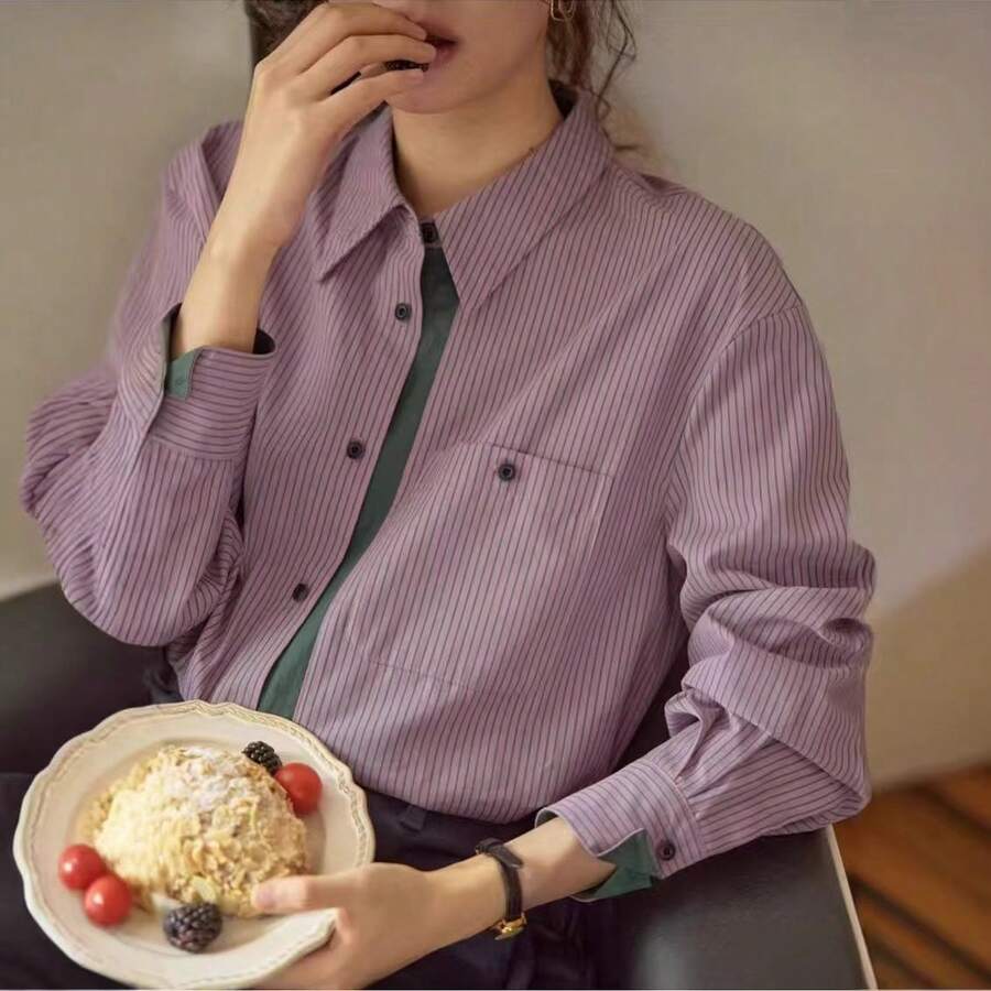 女士长袖条纹罗纹口袋纽扣衬衫 粉色 春季 - 粉色 - 查看 1